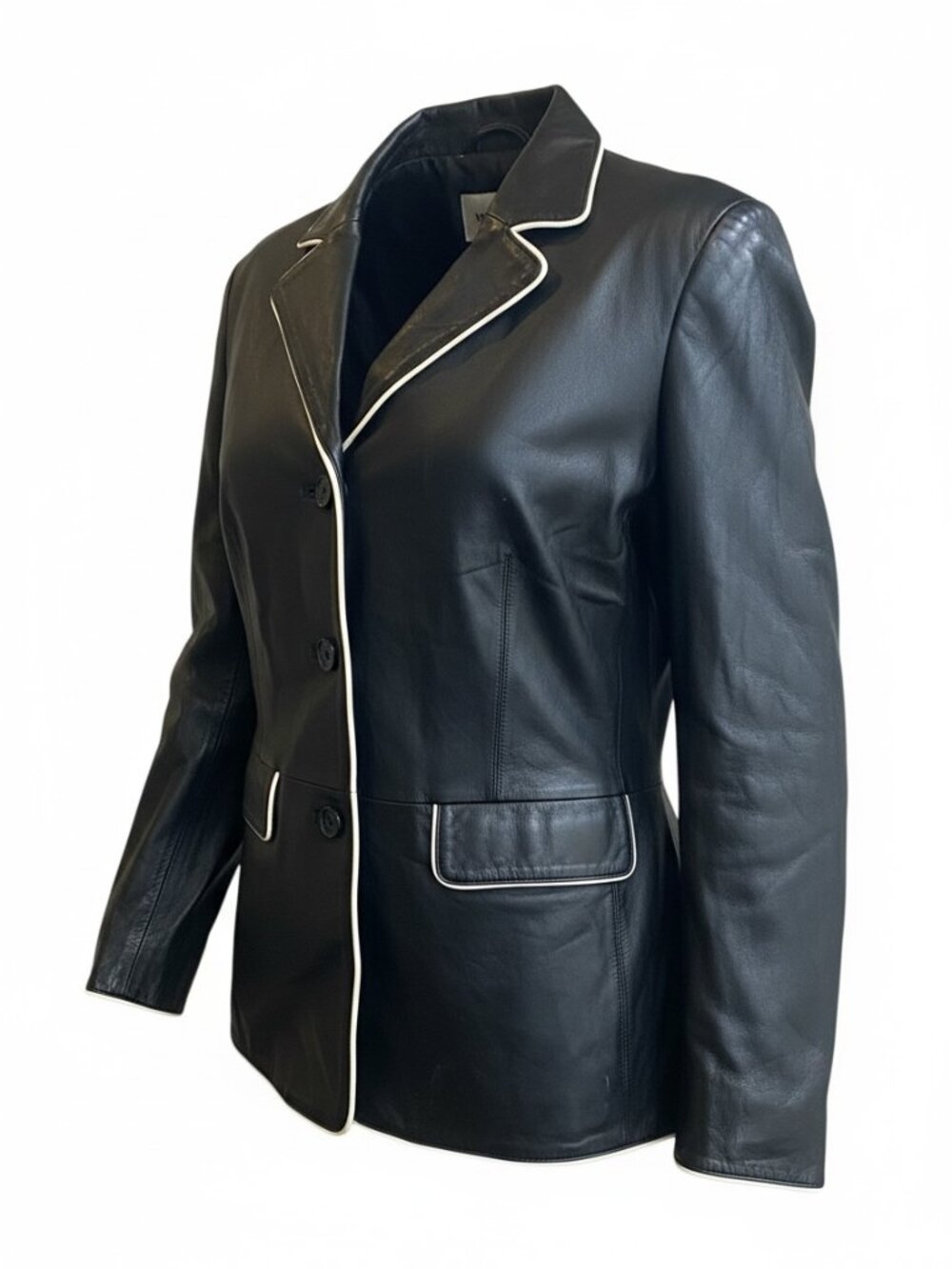 VTG Charles Klein Black Leather Jacket w/ White Piping Trim Women's L #108L